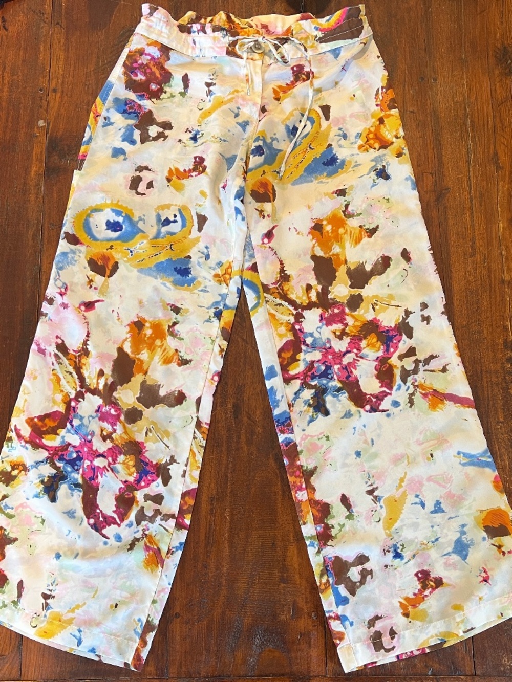 Pure Sage Multicolor Paint-Splatter Abstract Watercolor Flowy Wide-Leg Pants S